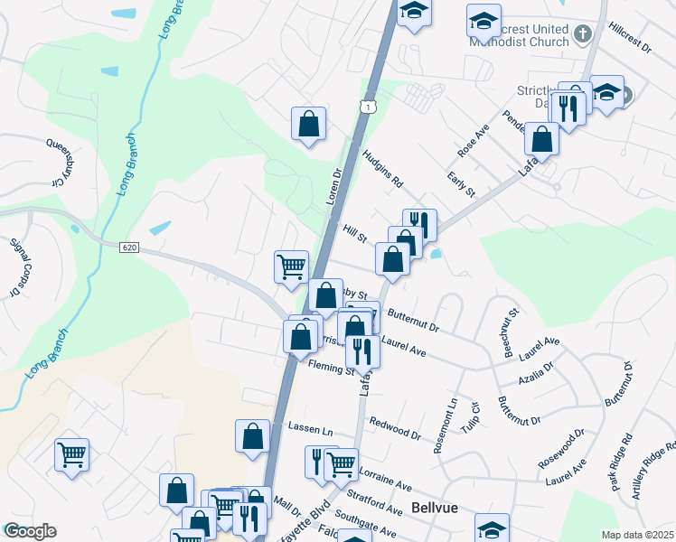 map of restaurants, bars, coffee shops, grocery stores, and more near 123 Beauregard Street in Fredericksburg