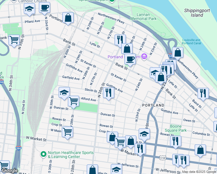 map of restaurants, bars, coffee shops, grocery stores, and more near 2540 Griffiths Avenue in Louisville