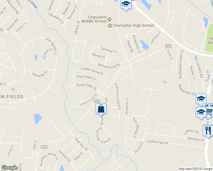 map of restaurants, bars, coffee shops, grocery stores, and more near 6324 Forest Grove Drive in Fredericksburg