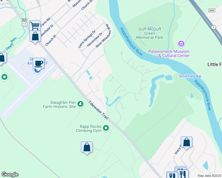 map of restaurants, bars, coffee shops, grocery stores, and more near 2916 Smithfield Court in Fredericksburg