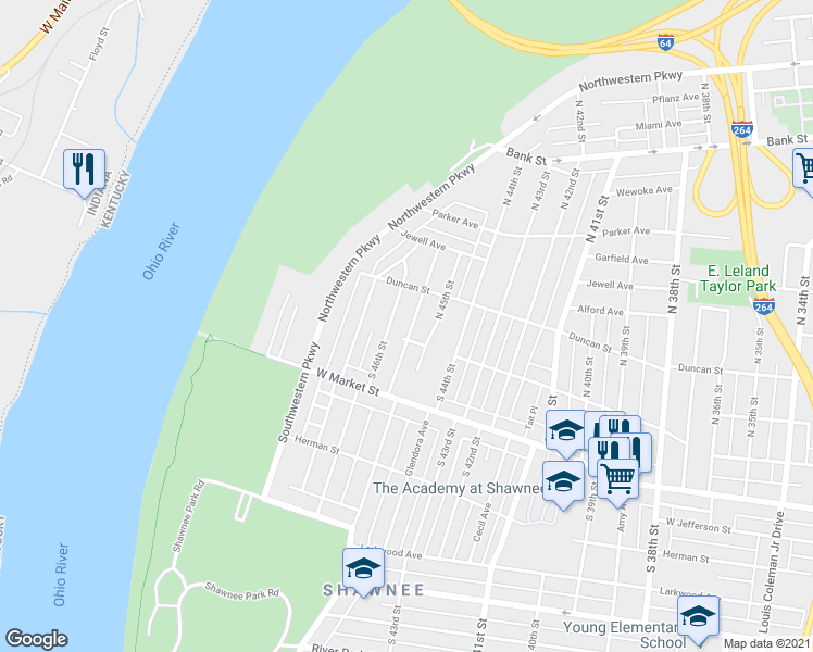 map of restaurants, bars, coffee shops, grocery stores, and more near 108 North Shawnee Terrace in Louisville