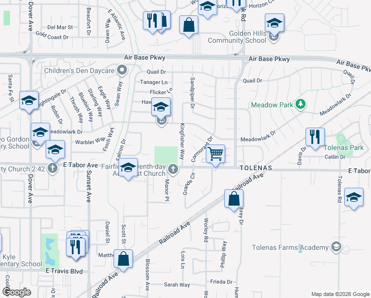 map of restaurants, bars, coffee shops, grocery stores, and more near 2038 Kingfisher Way in Fairfield