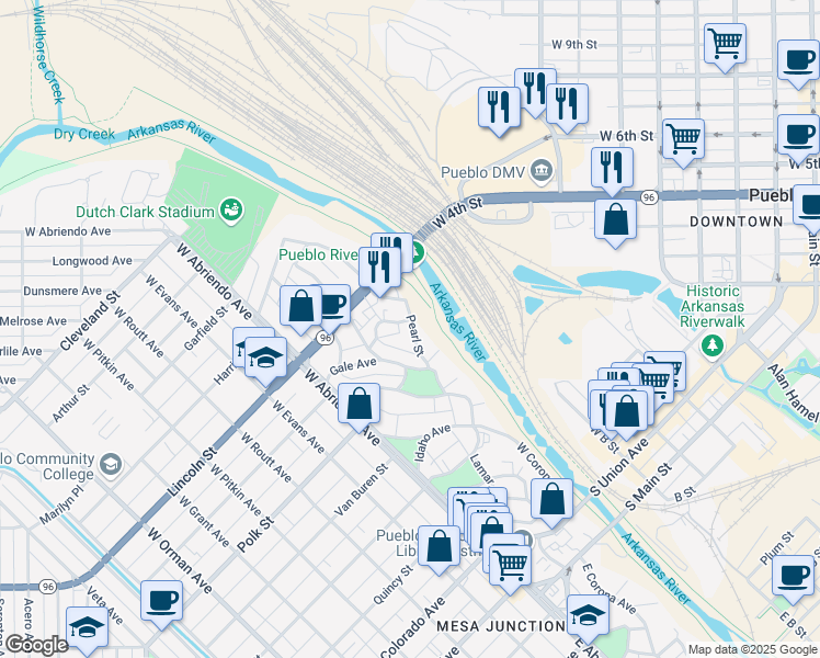 map of restaurants, bars, coffee shops, grocery stores, and more near 559 Pearl Street in Pueblo