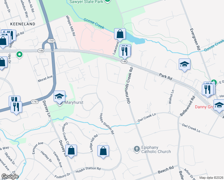 map of restaurants, bars, coffee shops, grocery stores, and more near 1407 Somerhill Way in Louisville