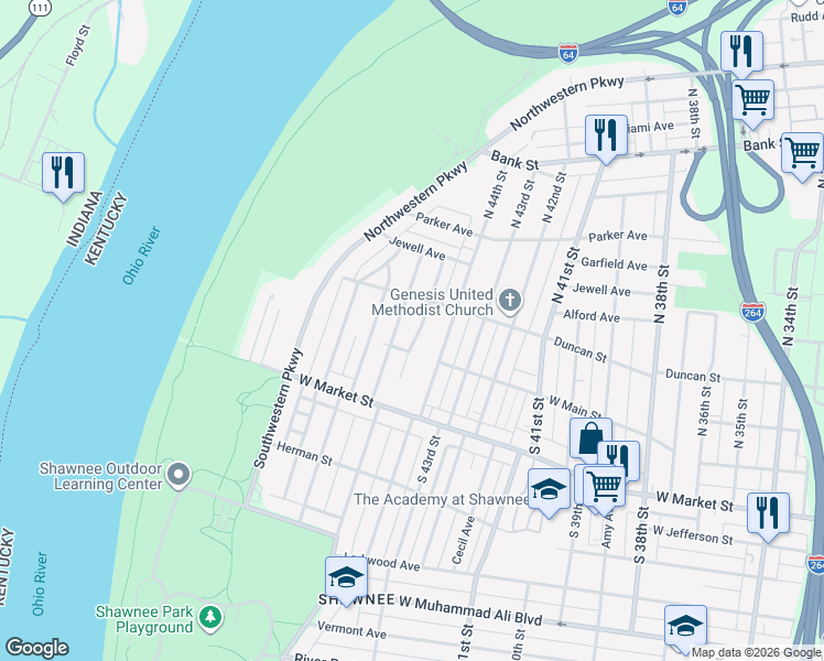 map of restaurants, bars, coffee shops, grocery stores, and more near 108 North 45th Street in Louisville