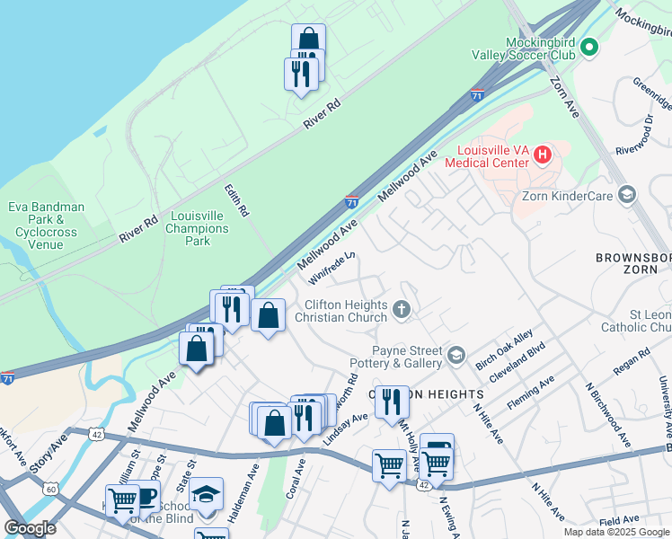 map of restaurants, bars, coffee shops, grocery stores, and more near 44 Winifrede Lane in Louisville