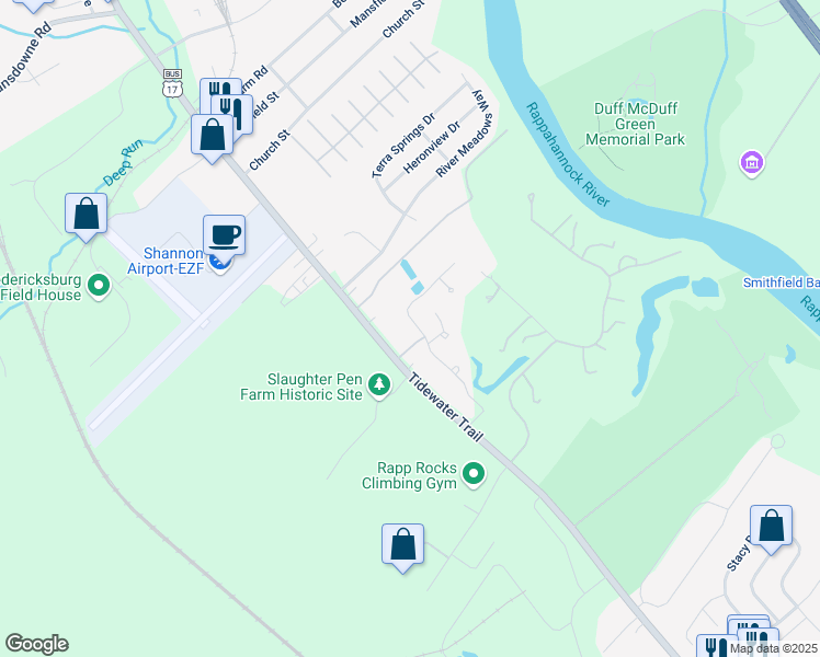 map of restaurants, bars, coffee shops, grocery stores, and more near 11306 Mansfield Club Drive in Fredericksburg
