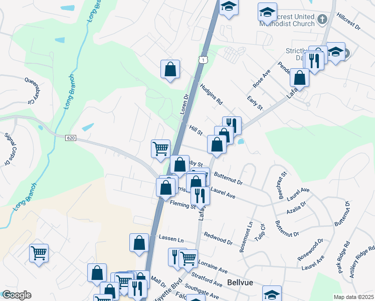 map of restaurants, bars, coffee shops, grocery stores, and more near 123 Beauregard Street in Fredericksburg