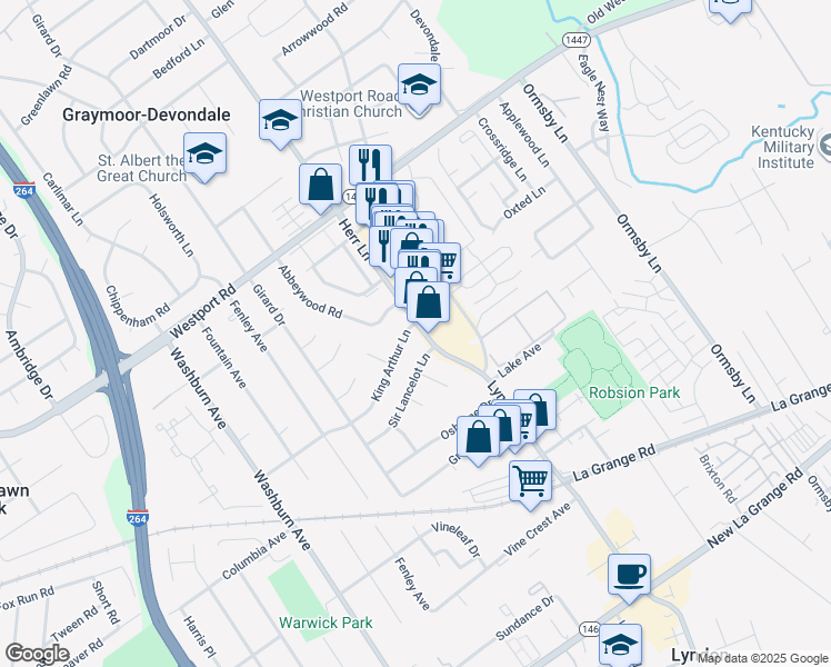 map of restaurants, bars, coffee shops, grocery stores, and more near 1120 Herr Lane in Louisville