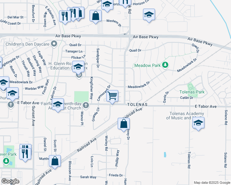 map of restaurants, bars, coffee shops, grocery stores, and more near 58 Villa Circle in Fairfield