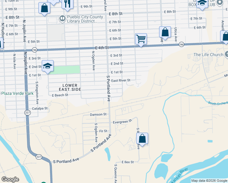 map of restaurants, bars, coffee shops, grocery stores, and more near 1708 East Ash Street in Pueblo