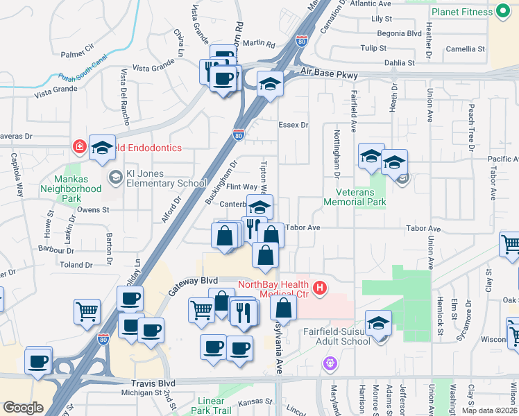 map of restaurants, bars, coffee shops, grocery stores, and more near 1313 Canterbury Drive in Fairfield