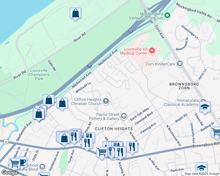 map of restaurants, bars, coffee shops, grocery stores, and more near 2400 Mellwood Avenue in Louisville