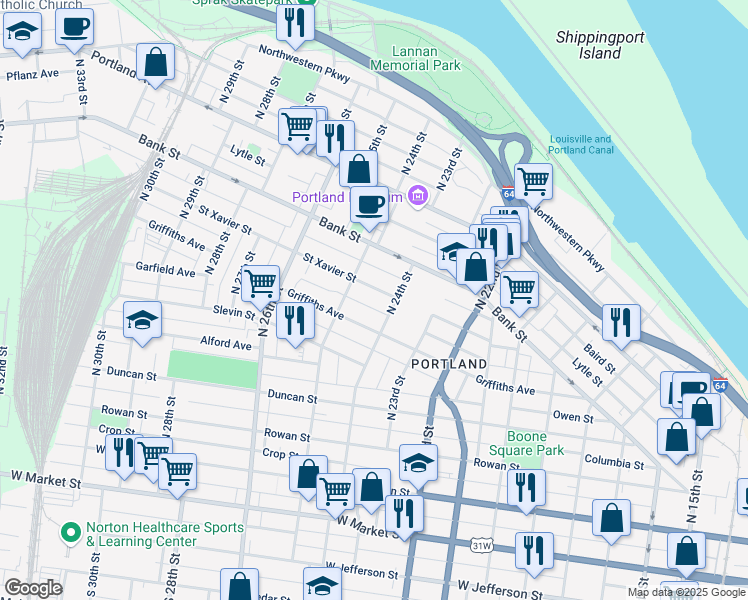 map of restaurants, bars, coffee shops, grocery stores, and more near 2410 Saint Xavier Street in Louisville