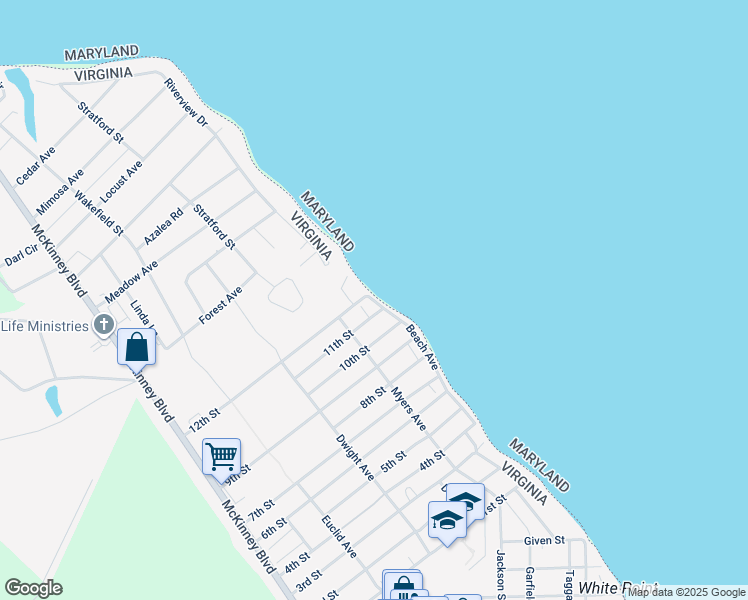 map of restaurants, bars, coffee shops, grocery stores, and more near 2010 Beach Avenue in Colonial Beach