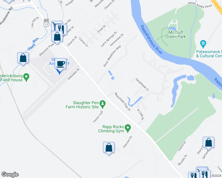 map of restaurants, bars, coffee shops, grocery stores, and more near 11306 Mansfield Club Drive in Fredericksburg