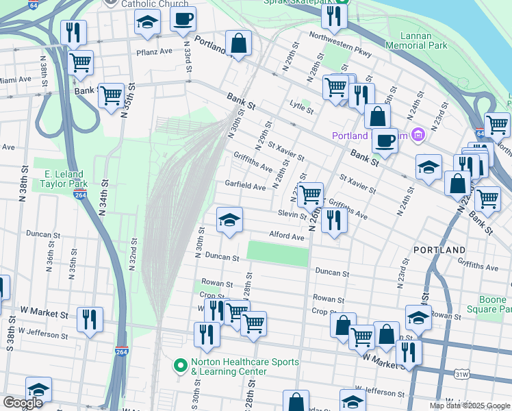 map of restaurants, bars, coffee shops, grocery stores, and more near 2819 Slevin Street in Louisville