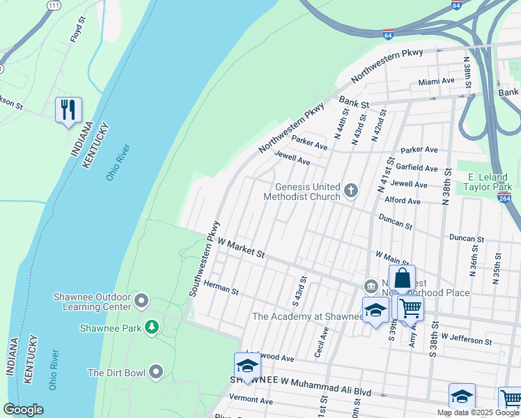 map of restaurants, bars, coffee shops, grocery stores, and more near 106 North 46th Street in Louisville