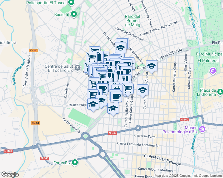 map of restaurants, bars, coffee shops, grocery stores, and more near 73 Carrer Josep Bernad Amorós in Elx