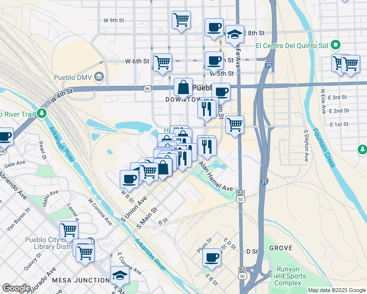 map of restaurants, bars, coffee shops, grocery stores, and more near 217 South Grand Avenue in Pueblo