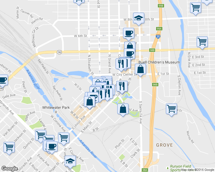 map of restaurants, bars, coffee shops, grocery stores, and more near 217 South Grand Avenue in Pueblo