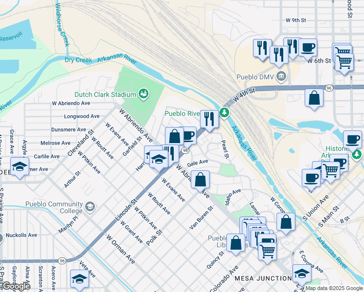 map of restaurants, bars, coffee shops, grocery stores, and more near 702 Wilson Avenue in Pueblo