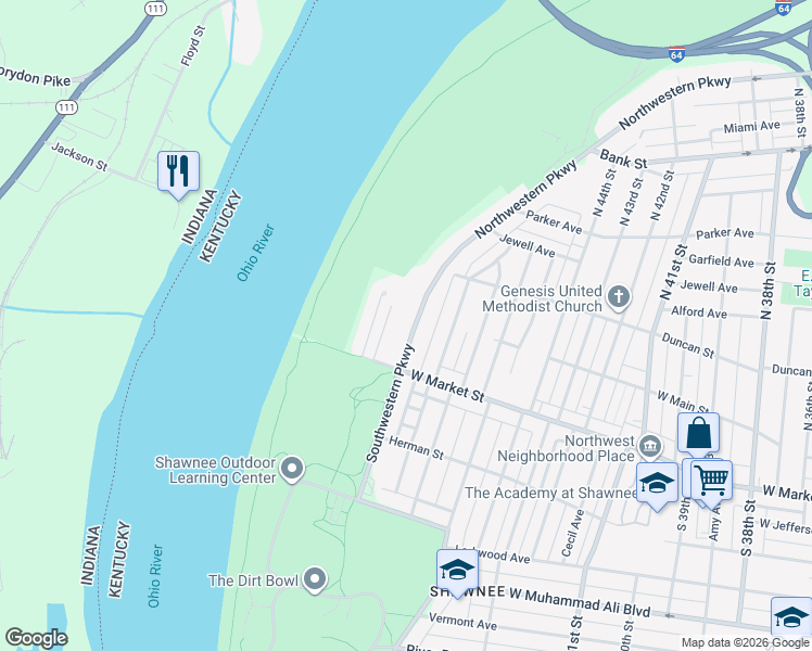 map of restaurants, bars, coffee shops, grocery stores, and more near 102 Northwestern Parkway in Louisville