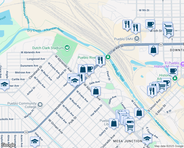 map of restaurants, bars, coffee shops, grocery stores, and more near 624 West Corona Avenue in Pueblo