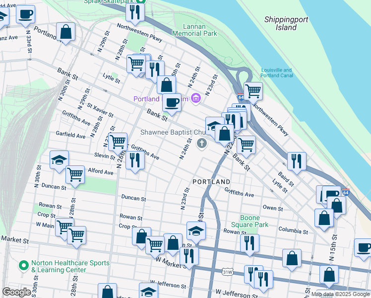 map of restaurants, bars, coffee shops, grocery stores, and more near North 24th Street in Louisville