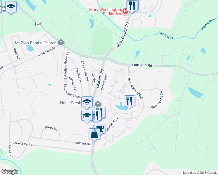 map of restaurants, bars, coffee shops, grocery stores, and more near 11519 Sturbridge Court in Fredericksburg