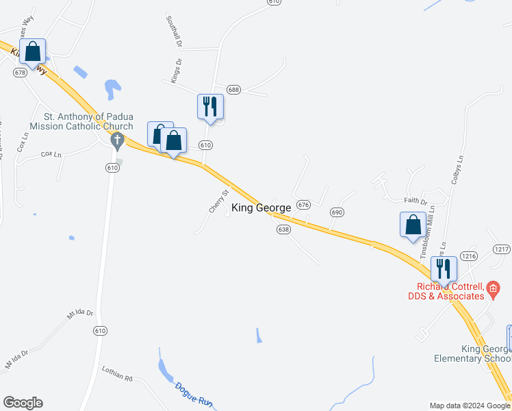 map of restaurants, bars, coffee shops, grocery stores, and more near 9428 Kings Highway in King George