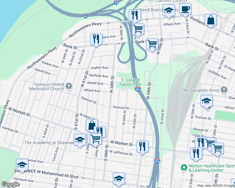 map of restaurants, bars, coffee shops, grocery stores, and more near 222 North 37th Street in Louisville