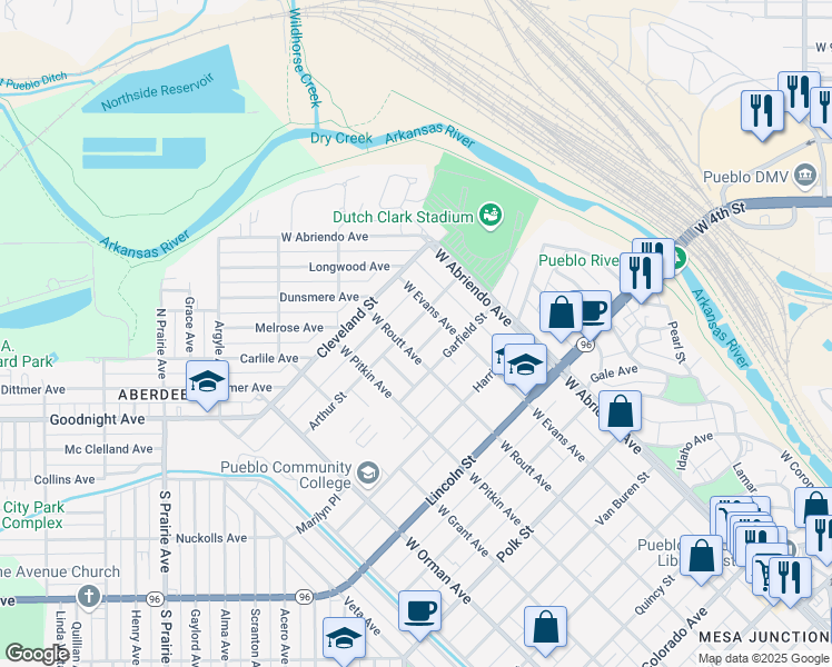 map of restaurants, bars, coffee shops, grocery stores, and more near 218 Arthur Street in Pueblo