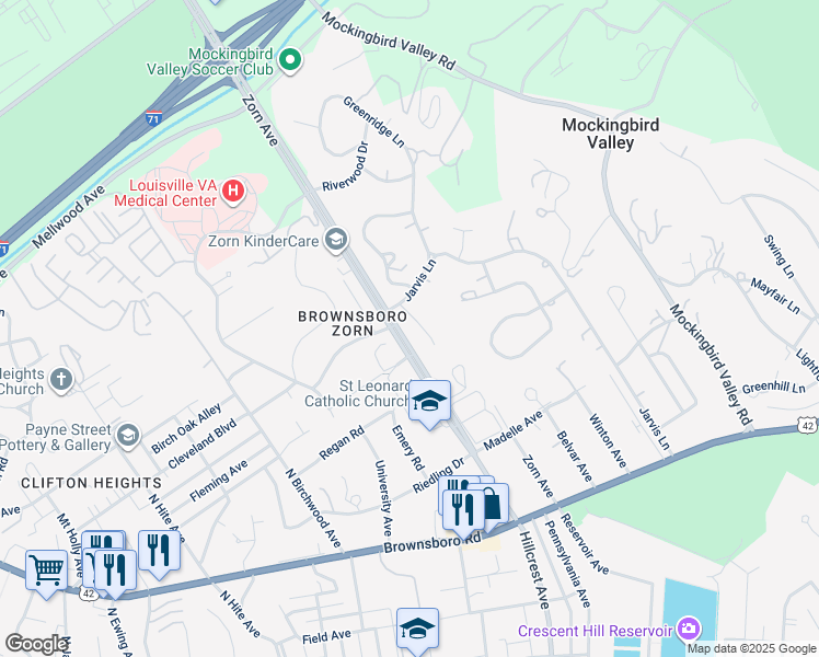 map of restaurants, bars, coffee shops, grocery stores, and more near 606 Glen Court in Louisville