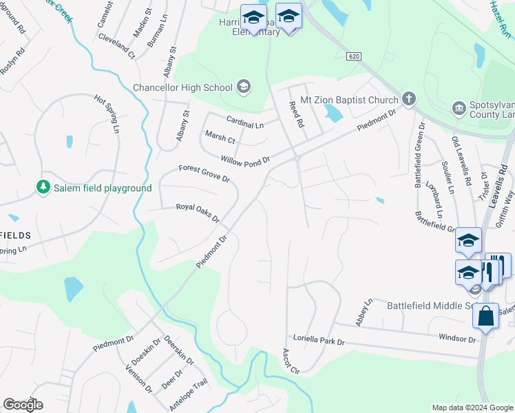 map of restaurants, bars, coffee shops, grocery stores, and more near 11224 Piedmont Landing Drive in Fredericksburg