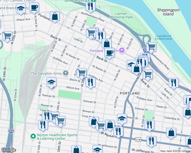 map of restaurants, bars, coffee shops, grocery stores, and more near 2521 Griffiths Avenue in Louisville