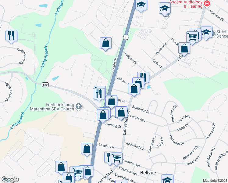 map of restaurants, bars, coffee shops, grocery stores, and more near 127 Beauregard Street in Fredericksburg