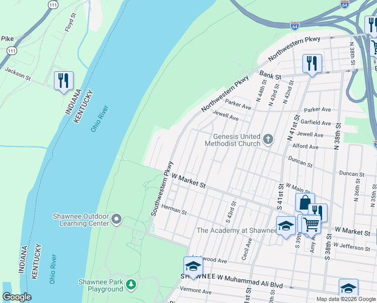 map of restaurants, bars, coffee shops, grocery stores, and more near 100 South Longworth Avenue in Louisville