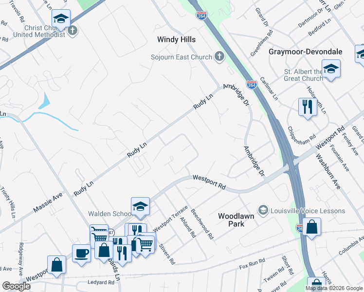 map of restaurants, bars, coffee shops, grocery stores, and more near 4405 Jonlyn Court in Louisville