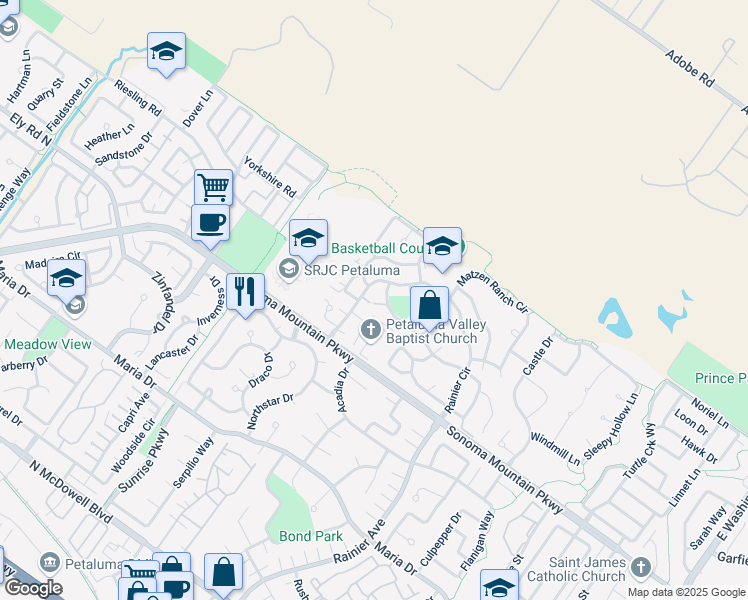 map of restaurants, bars, coffee shops, grocery stores, and more near 1908 Alpine Court in Petaluma