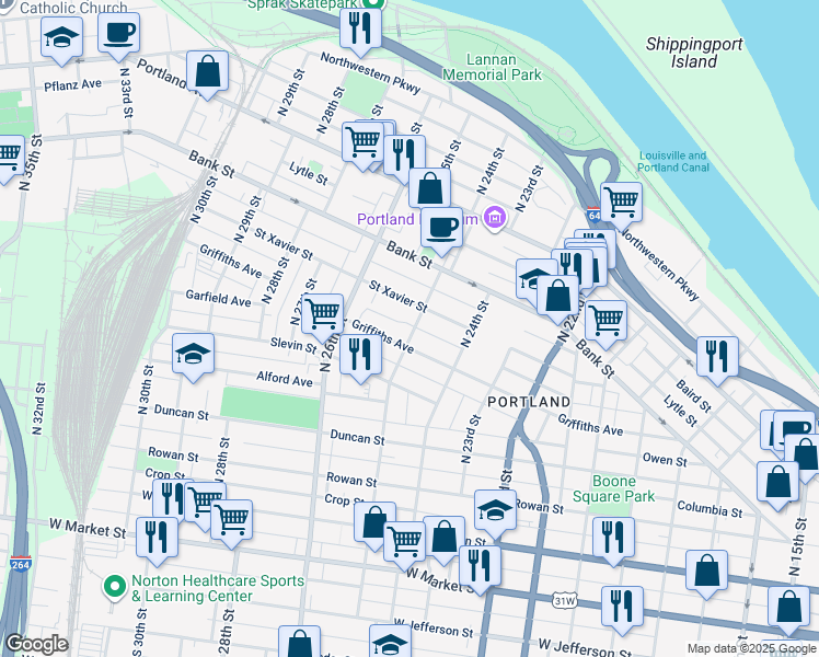 map of restaurants, bars, coffee shops, grocery stores, and more near 412 North 25th Street in Louisville