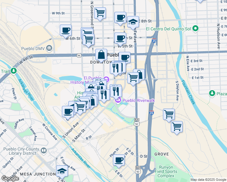 map of restaurants, bars, coffee shops, grocery stores, and more near 165 Central Main Street in Pueblo
