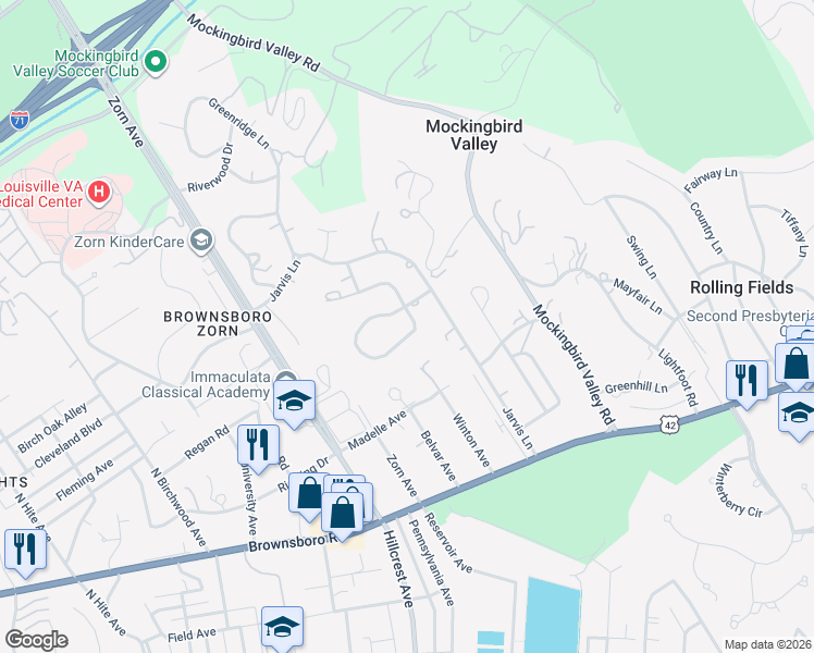 map of restaurants, bars, coffee shops, grocery stores, and more near 532 Ridgewood Road in Louisville