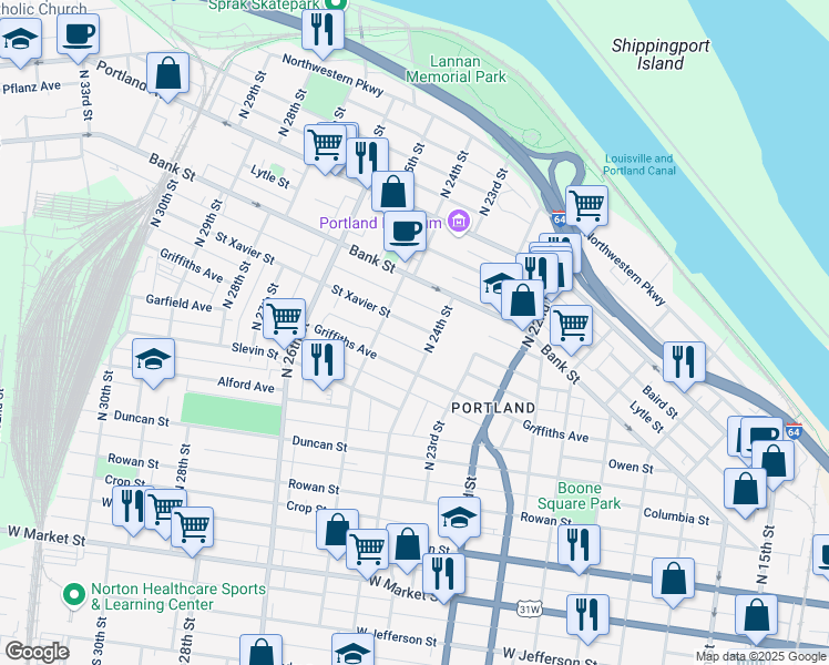 map of restaurants, bars, coffee shops, grocery stores, and more near 2414 Saint Xavier Street in Louisville