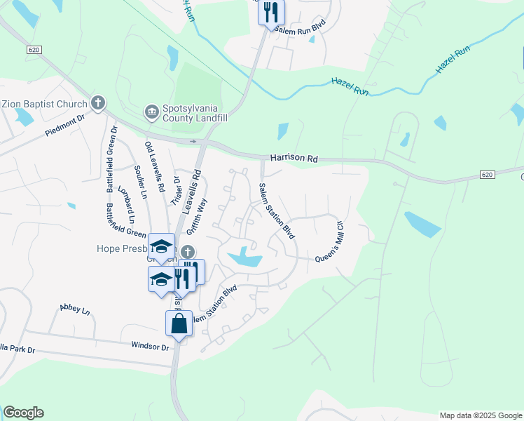 map of restaurants, bars, coffee shops, grocery stores, and more near 11602 Sarrington Court in Fredericksburg