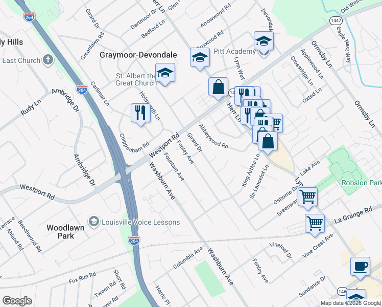 map of restaurants, bars, coffee shops, grocery stores, and more near 1000 Excalibur Corner in Louisville