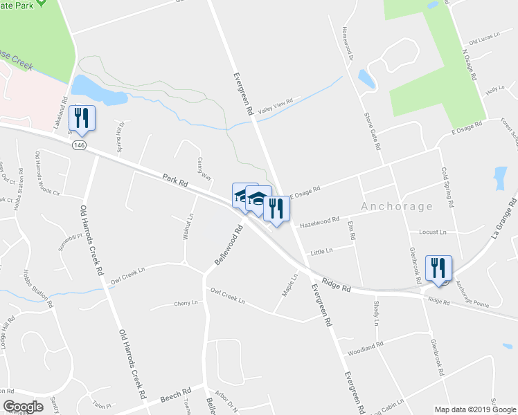 map of restaurants, bars, coffee shops, grocery stores, and more near 11405 Park Road in Louisville