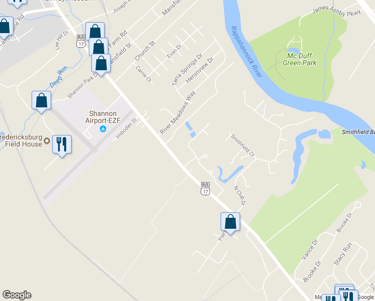 map of restaurants, bars, coffee shops, grocery stores, and more near 11308 Mansfield Club Drive in Fredericksburg