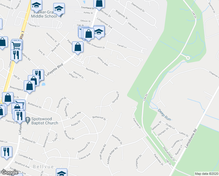 map of restaurants, bars, coffee shops, grocery stores, and more near 11300 Springfield Drive in Fredericksburg