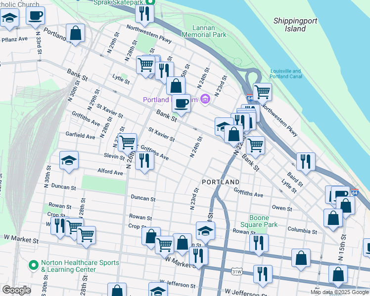 map of restaurants, bars, coffee shops, grocery stores, and more near 2416 Saint Xavier Street in Louisville